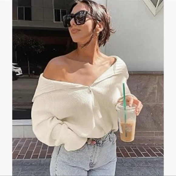 NWT white half zip pullover sweater - Picture 4 of 9